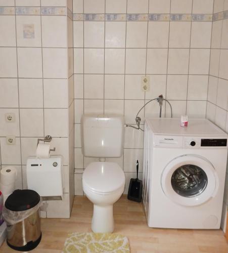 a bathroom with a toilet and a washing machine at Ferienwohnung Gersch in Wolf