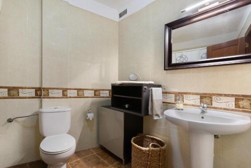 a bathroom with a toilet and a sink and a mirror at Apartamento Romo in Candelaria
