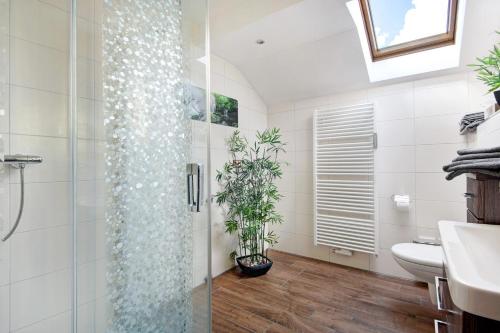 a bathroom with a shower with a plant in it at Auenwald in Roding