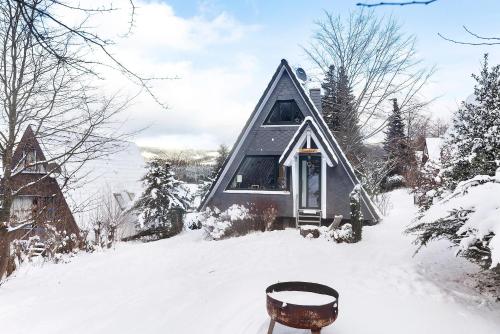 a small house in the snow with a grill at Nurdachhaus Sauerland in Kirchhundem