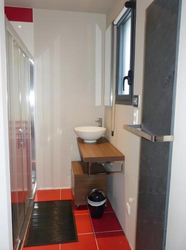 a small bathroom with a sink and a shower at Hâvre de Paix Perros in Perros-Guirec