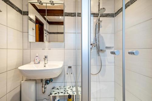 a bathroom with a sink and a shower at Gemütliches Nurdachhaus Bodensee in Immenstaad am Bodensee