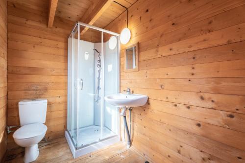 a bathroom with a toilet and a shower and a sink at Falaguera Barraca 3 in Bárig