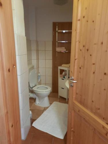 a small bathroom with a toilet and a sink at Ferienwohnung Dörflich in Meinerzhagen