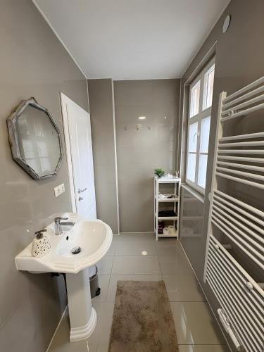 a bathroom with a white sink and a mirror at C & D Wohnung I in Bad Kissingen