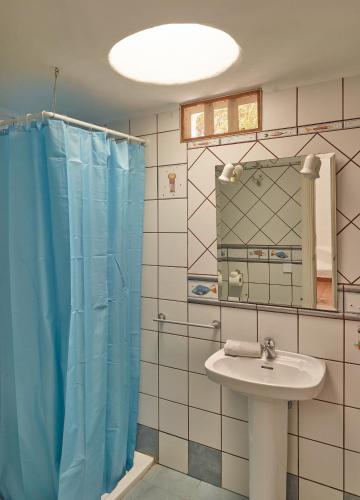 a bathroom with a sink and a blue shower curtain at Finca La Calerita D in Uga