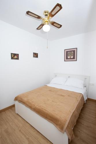 a bedroom with a ceiling fan and white walls at La Casita in San Vicente del Raspeig