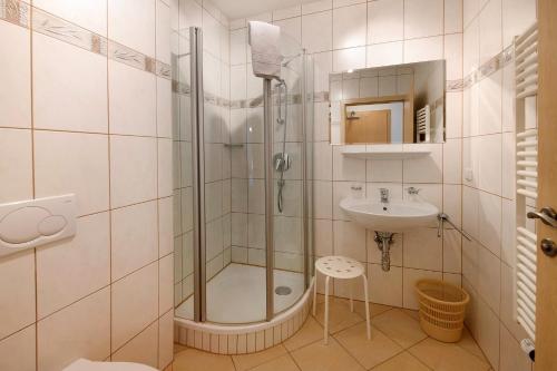 a bathroom with a shower and a sink at Haus Lowe Apartment Erdgeschoss 1 in Filzmoos