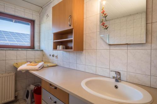 a bathroom with a sink and a window at Ferienhof Sauter Friedrichshafen in Neukirch