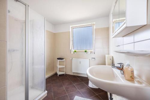 a bathroom with a sink and a shower at Ferienwohnung Krautsand in Drochtersen