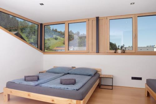 a bedroom with a bed in a room with windows at Ferienwohnung Böhler in Doren