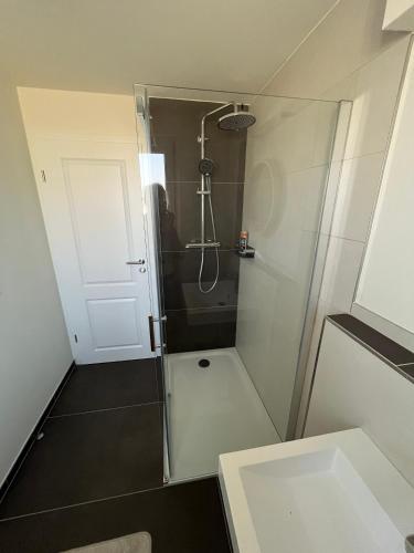 a bathroom with a shower and a sink at Landhausloft in Bermatingen