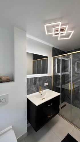 a bathroom with a sink and a shower at Ferienhaus Lopezan House, Living in Hornberg