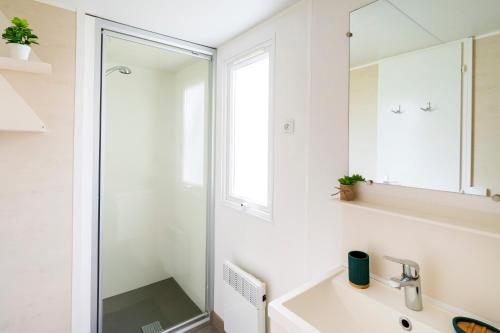 a bathroom with a sink and a mirror at Camping Les Oyats in Seignosse