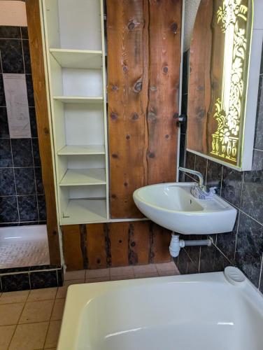 a bathroom with a sink and a bath tub at Gîte chez mémé in Assieu