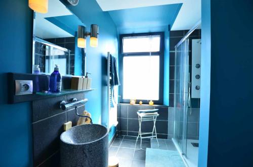 a blue bathroom with a shower and a sink at La Musicale in Rouen