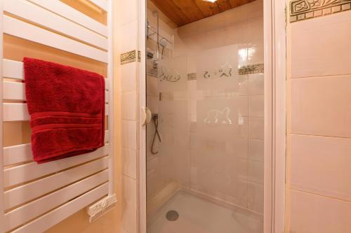 a bathroom with a shower with a red towel at Chambre d'hôte Chalet le Persan in Courchevel
