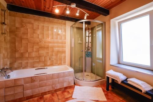 a bathroom with a tub and a shower and a window at Chambre Breizh in Cast