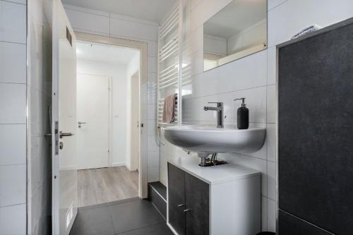 a bathroom with a sink and a mirror at Ferienwohnung zur Grenze in Gronau