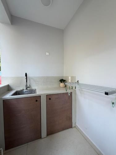 a kitchen with wooden cabinets and a sink at Notos Blue in Tsoutsouros