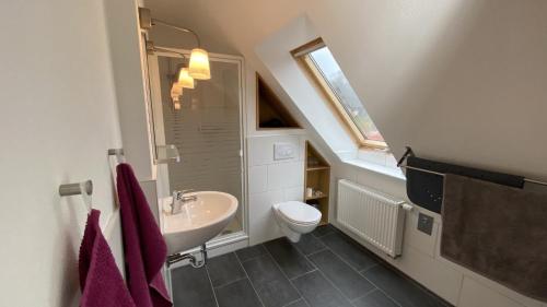 a bathroom with a sink and a toilet at Ferienwohnung Schmilau in Schmilau