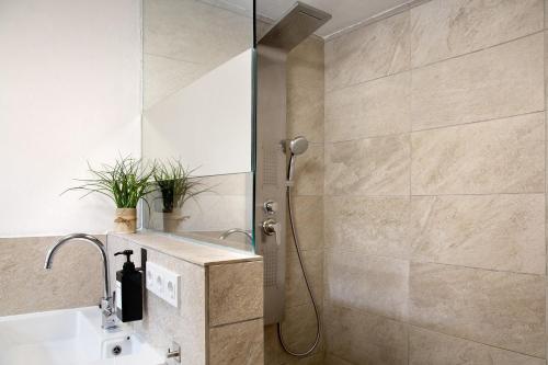 a bathroom with a shower and a sink at Schönauer Hof - Wohnung Paula in Passau
