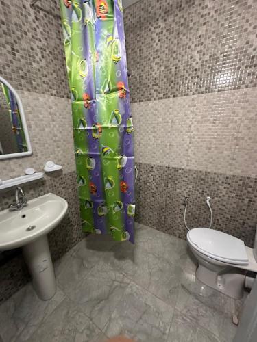 a bathroom with a toilet and a shower curtain at Appartement melita aéroport in Mellita