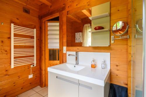 a bathroom with a white sink and wooden walls at Chalet Du Wason in Xonrupt-Longemer