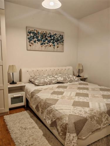 a bedroom with a bed and two night stands and two lamps at Apartment Cherry s pogledom na more in Dinjiška