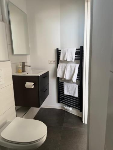 a bathroom with a toilet and a sink and towels at Gästehaus Orchidee in Hoya