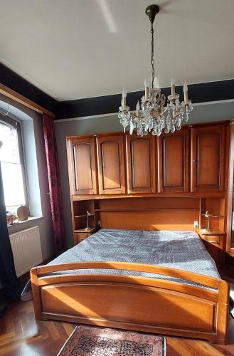 a bedroom with a bed with a chandelier at Fewo Haus Cäcilia in Elsdorf