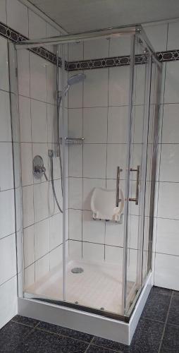 a shower with a glass door in a bathroom at Fewo Haus Cäcilia in Elsdorf