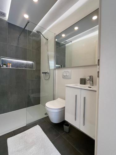 a bathroom with a shower and a toilet and a sink at Cozy Room in Mlini