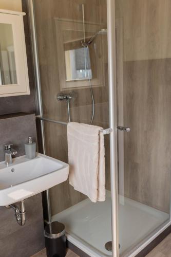a bathroom with a shower and a sink at Haus Jakob in Longkamp