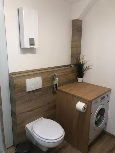 a bathroom with a toilet and a washing machine at Ferienwohnung in Lichtenau