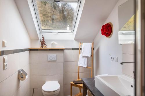 a bathroom with a toilet sink and a window at Josenhof in Wolfach