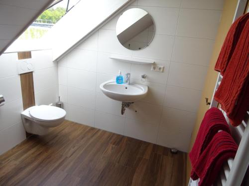 a bathroom with a toilet and a sink at Ferienwohnung Zerlaut in Langenargen
