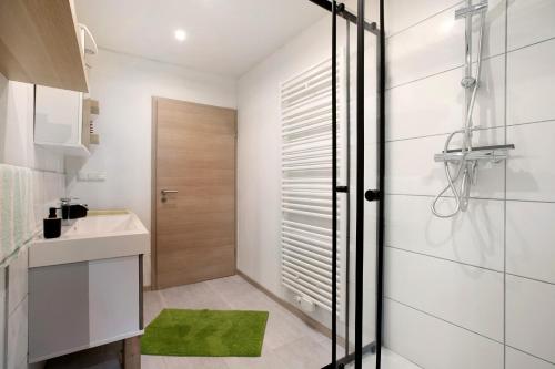 a bathroom with a shower and a sink at Felsenburg in Ahrenviölfeld
