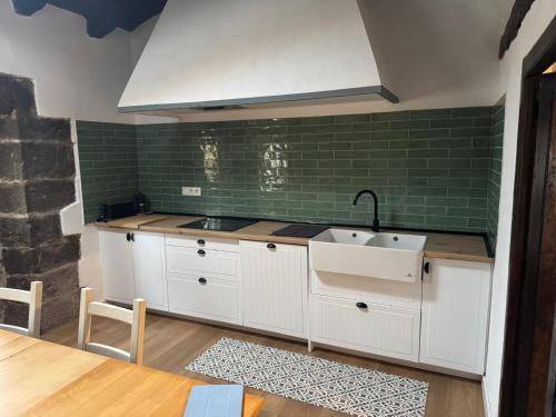 a kitchen with a sink and a green wall at Casa Eider in Rucandio