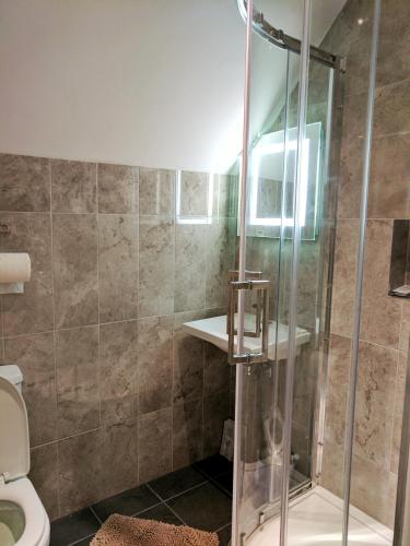 a bathroom with a shower and a toilet at Glendevon House Hotel in Bromley