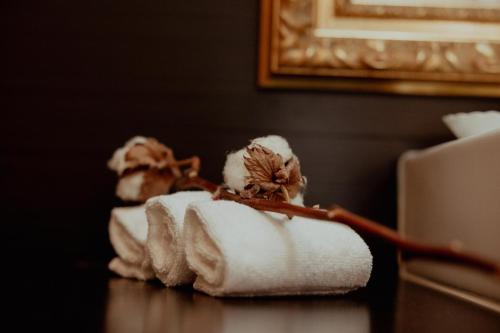 a pile of rolled up towels on a table at Fonte do Pinheiro Boutique in Ponte de Lima