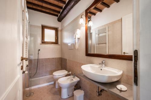 a bathroom with a sink and a toilet and a mirror at Rosaspina - Appartamento 2 in Capalbio