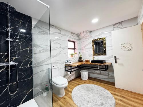 a bathroom with a toilet and a shower at Refugio Senhora Paz in Marinhas