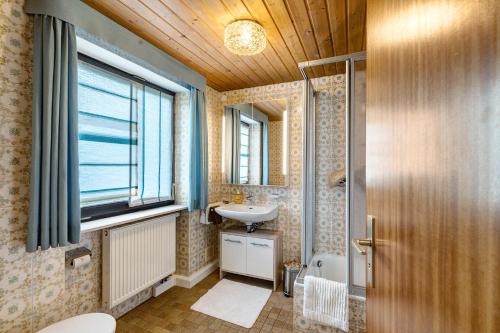 a bathroom with a sink and a toilet and a window at Haus Seiler in Freudenstadt