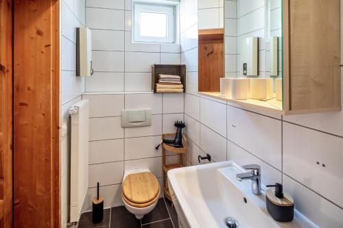 a bathroom with a toilet and a sink at Bachmanns Ferienwohnung 2 in Schotten