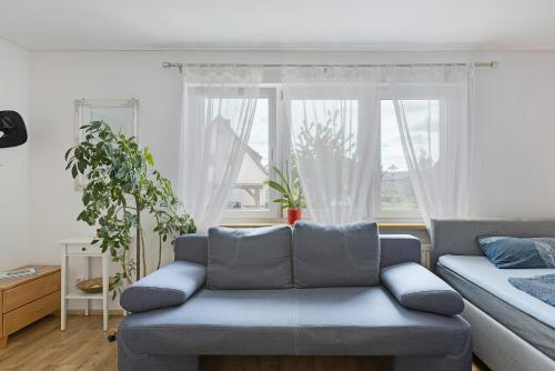 a living room with a couch and two windows at Ferienwohnung Pepe in Donaueschingen