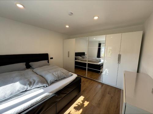 a bedroom with a large bed and a mirror at Ferienwohnung Am Biohof in Mengkofen