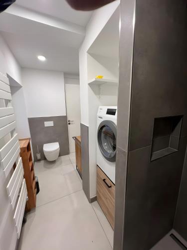 a bathroom with a washing machine and a toilet at Ferienwohnung Am Biohof in Mengkofen
