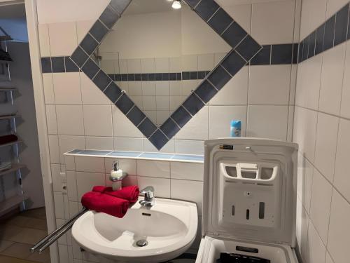 a bathroom with a sink and a red towel at Atelierwohnung Bei München in Pfaffenhofen an der Ilm