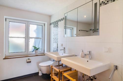 a bathroom with a sink and a toilet and a mirror at Schienerberghütte in Öhningen